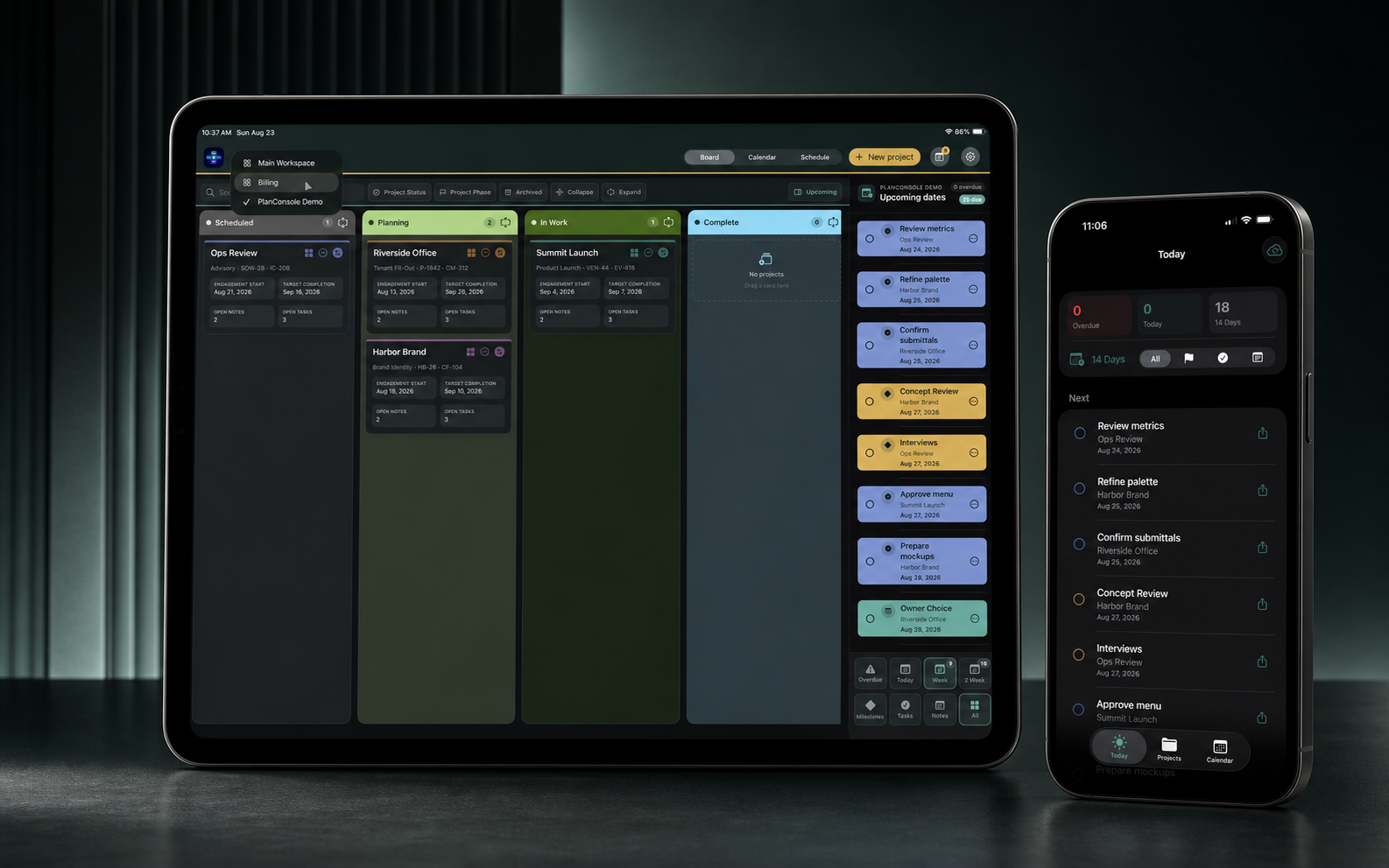 PlanConsole running on iPad with its focused iPhone companion