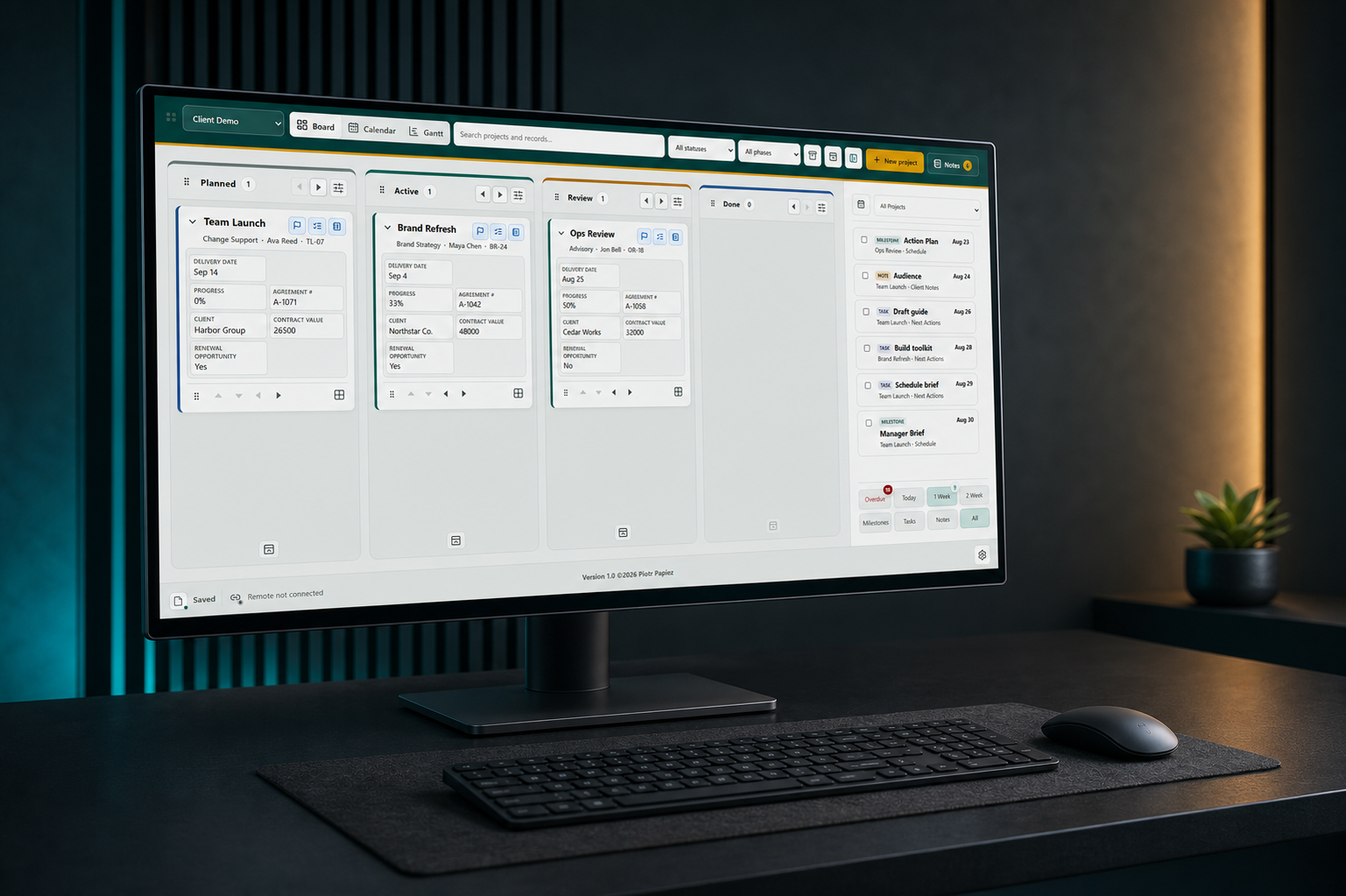 PlanConsole for Windows portfolio board on a single monitor facing the viewer in a refined office