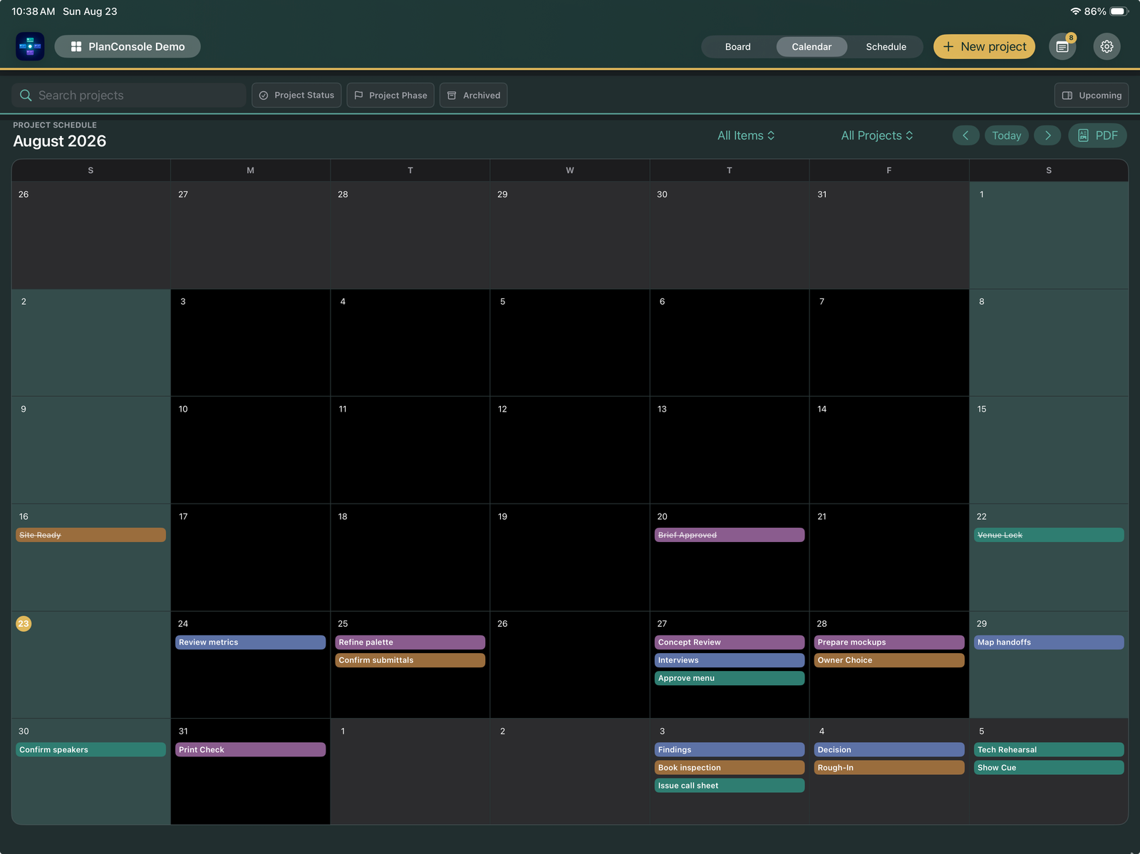 PlanConsole portfolio calendar on iPad