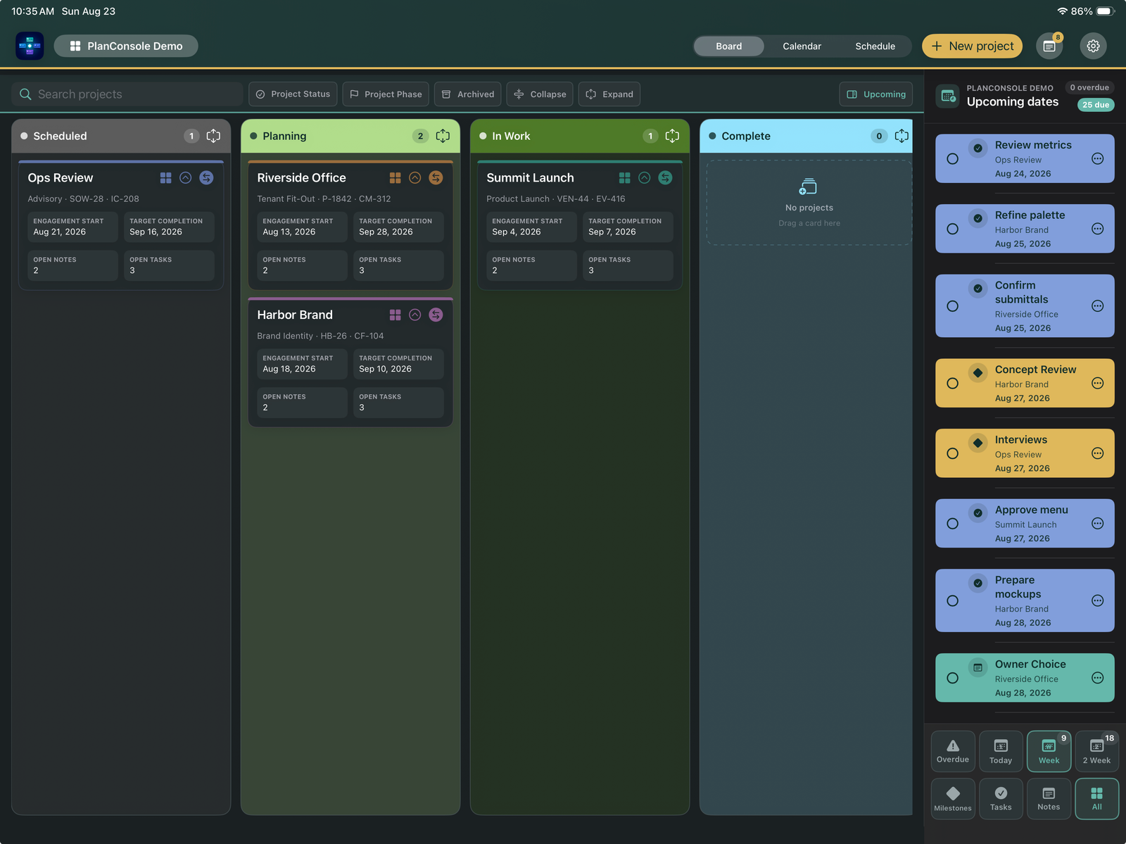PlanConsole project cards organized across portfolio workflow columns