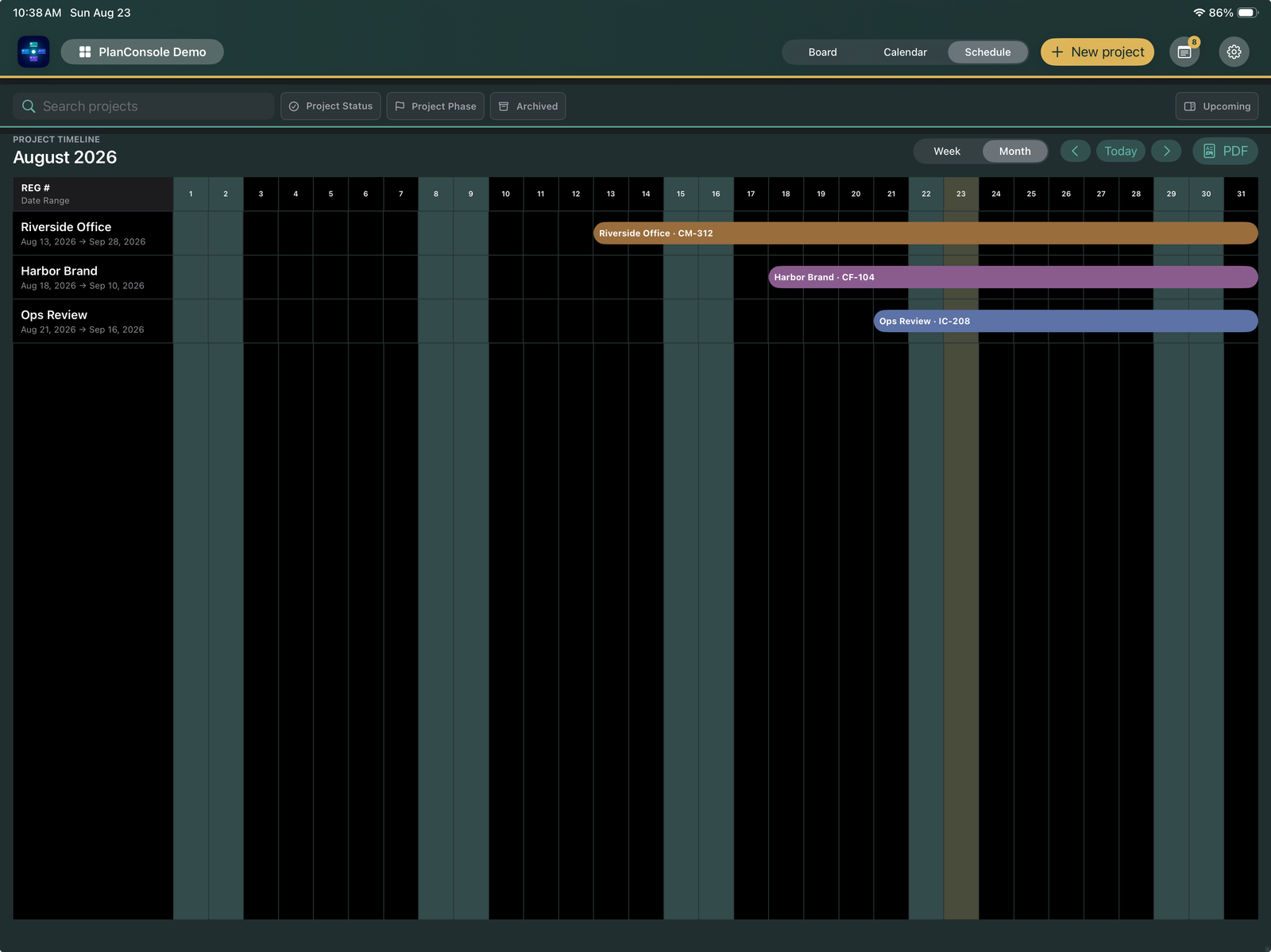 PlanConsole portfolio schedule on iPad
