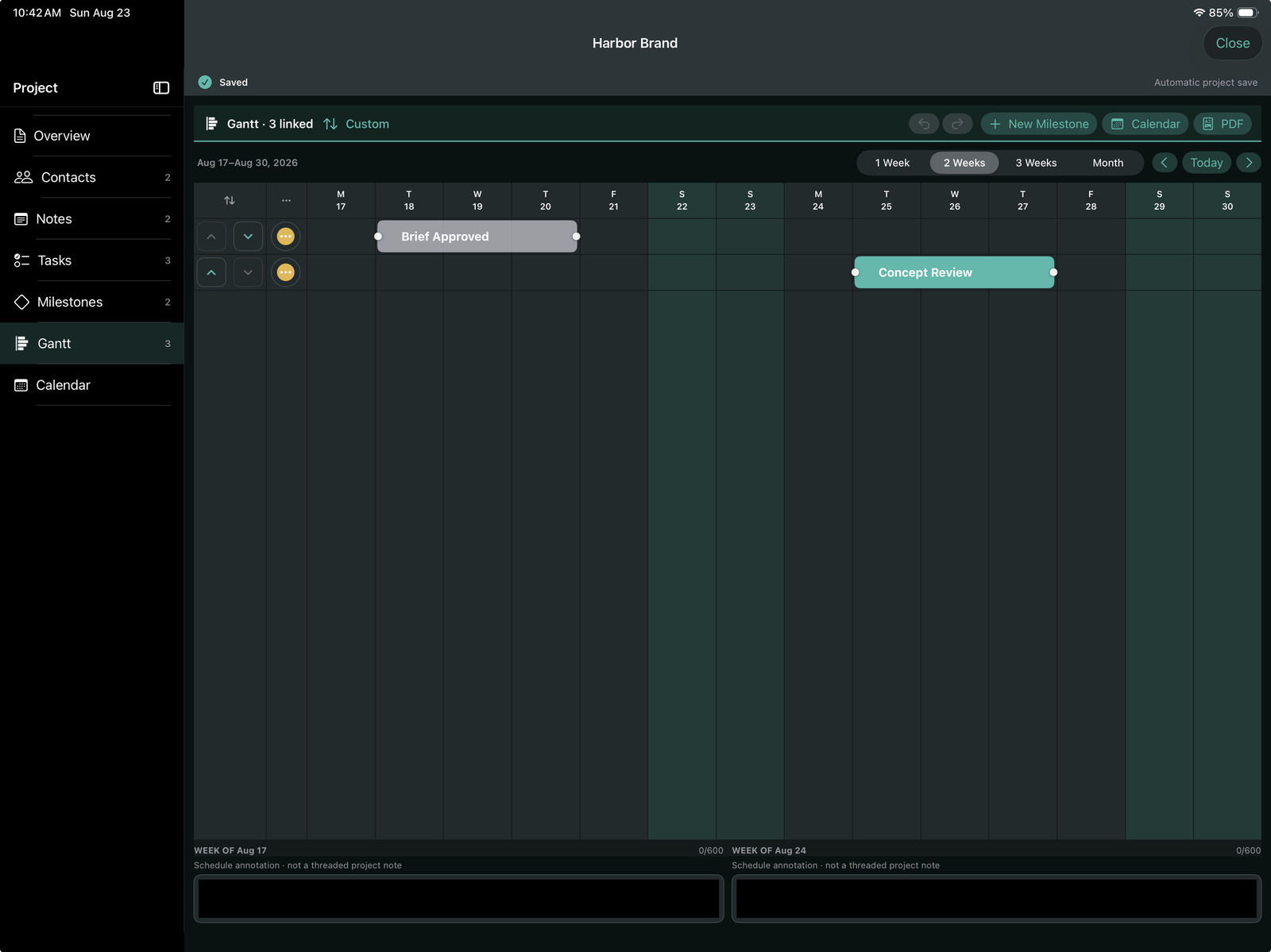 PlanConsole project Gantt on iPad