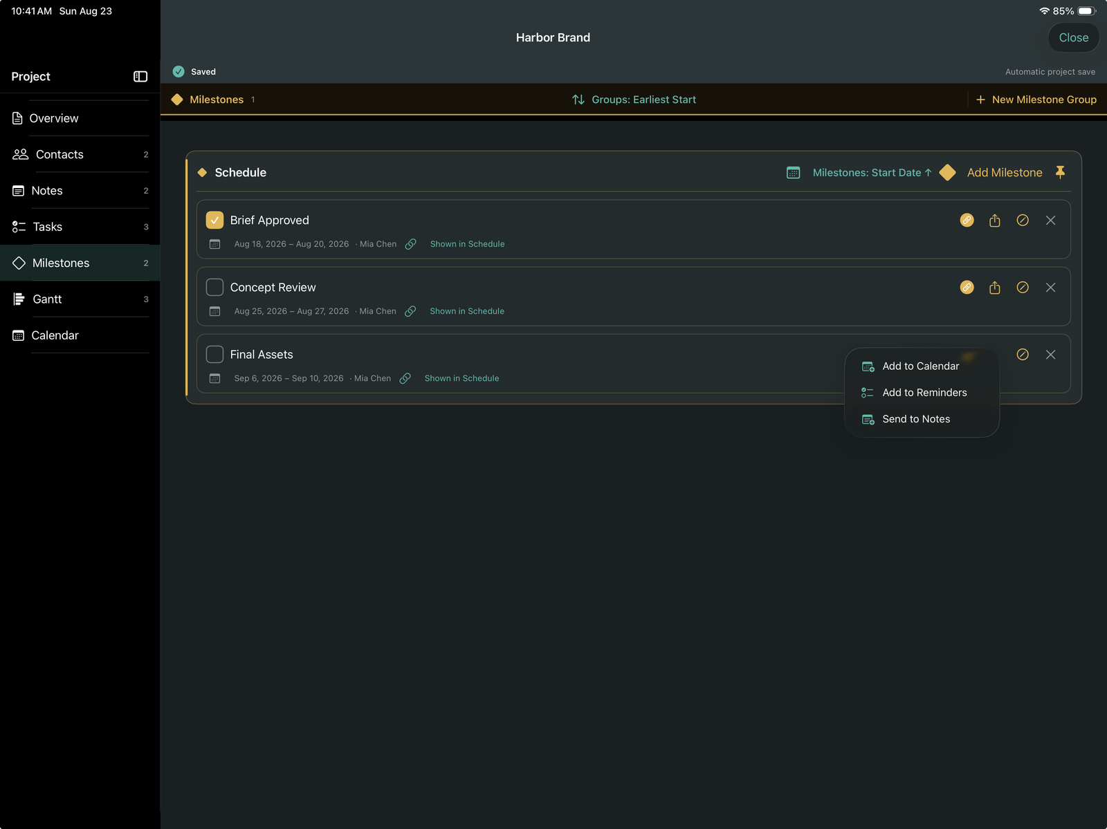 PlanConsole project milestones on iPad