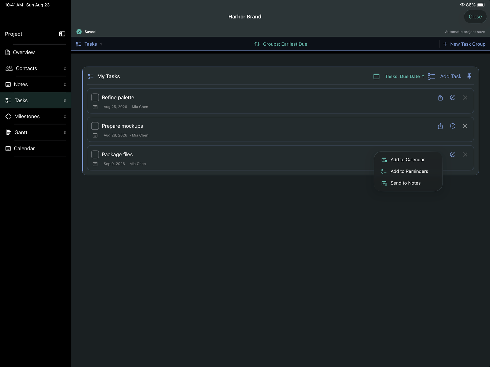 PlanConsole project tasks on iPad
