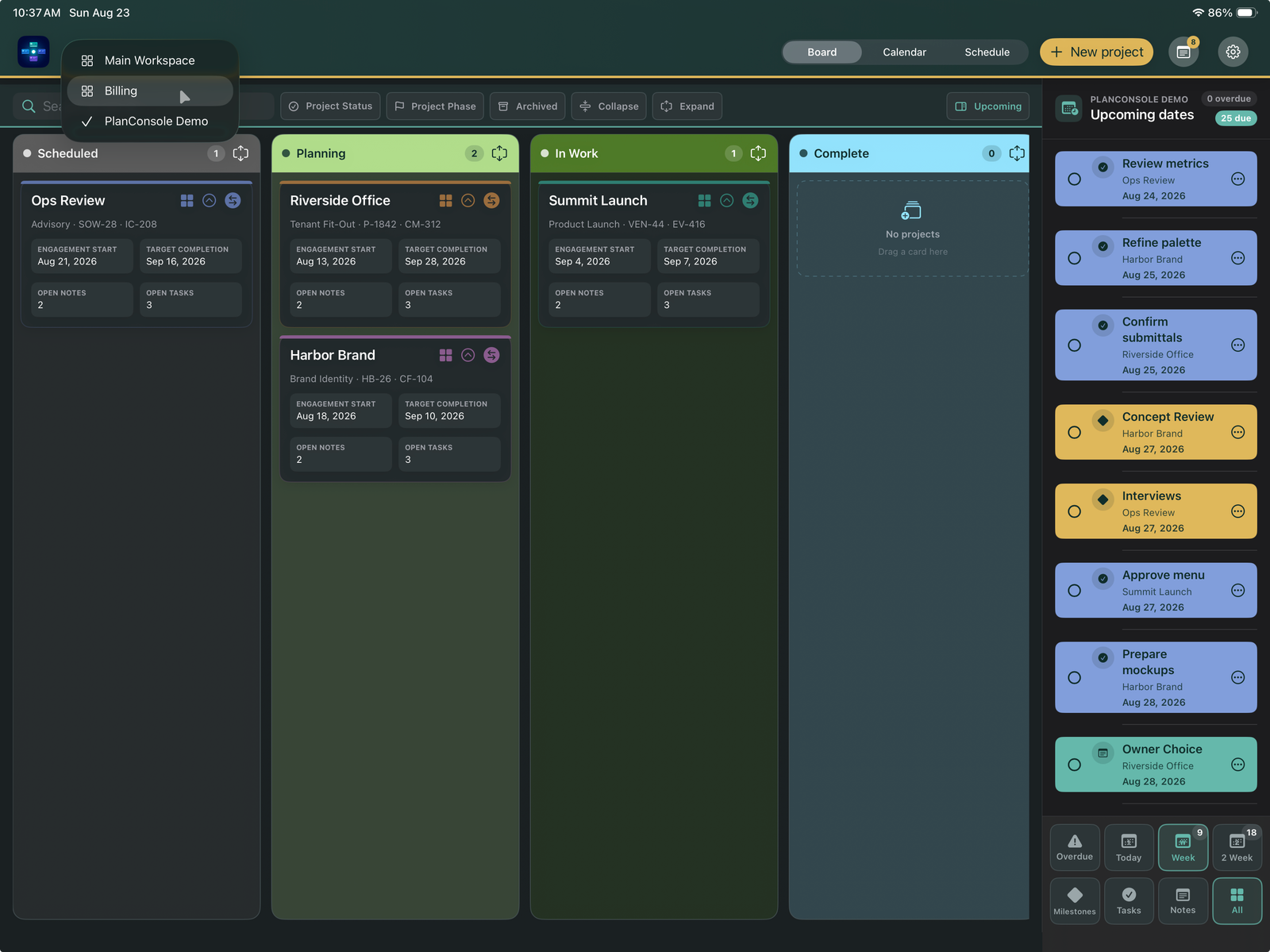 PlanConsole workspace board on iPad