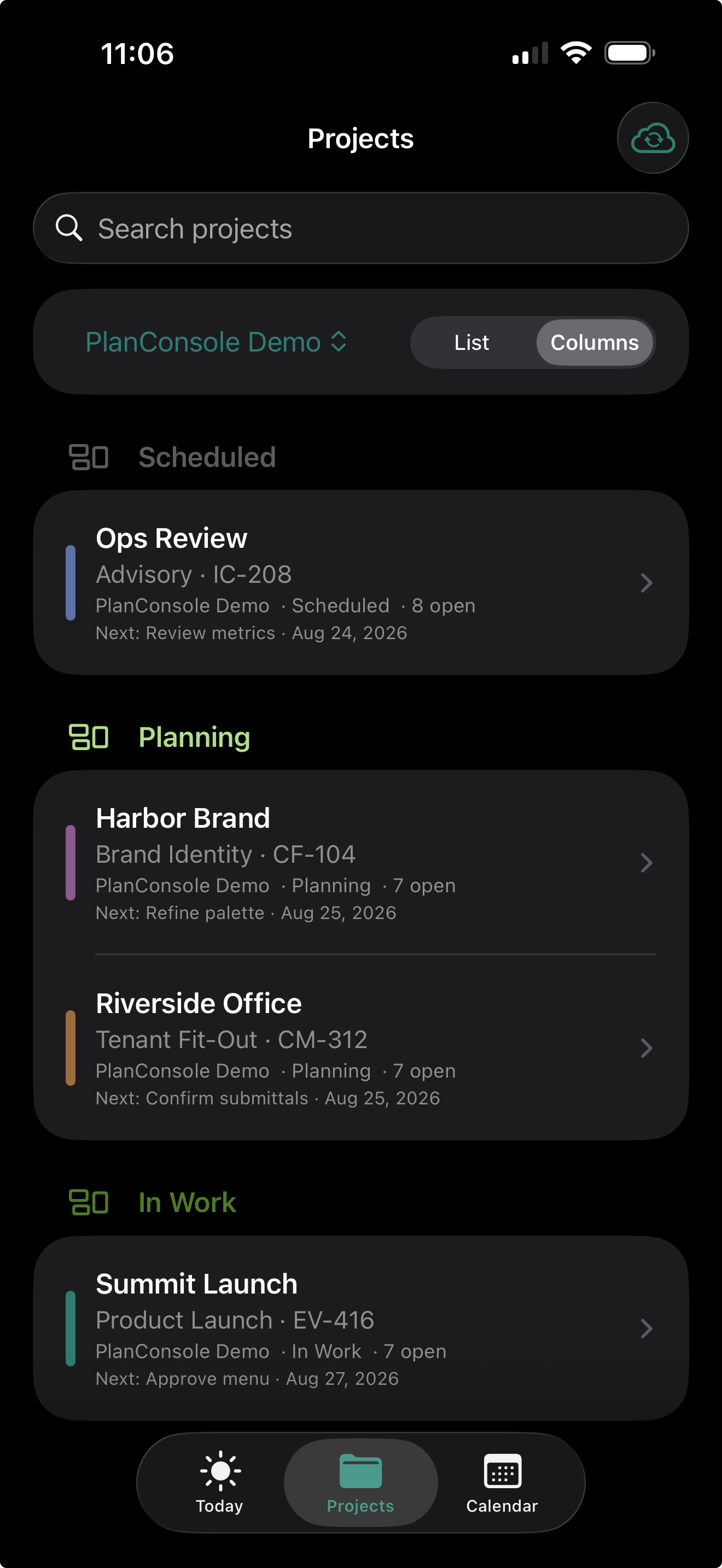 PlanConsole Projects screen on iPhone