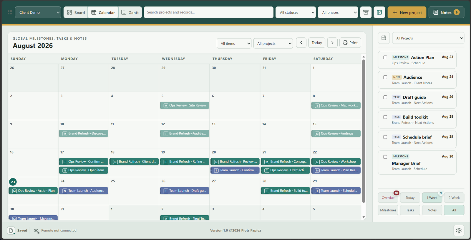 PlanConsole portfolio calendar