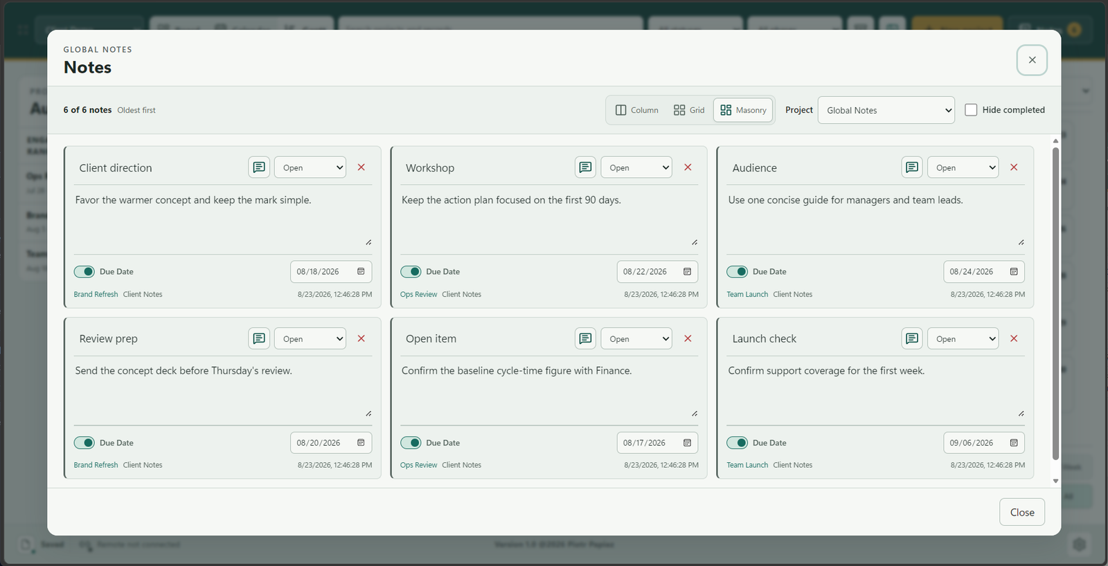 PlanConsole Global Notes view