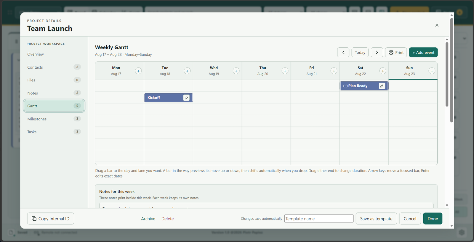 PlanConsole weekly project Gantt